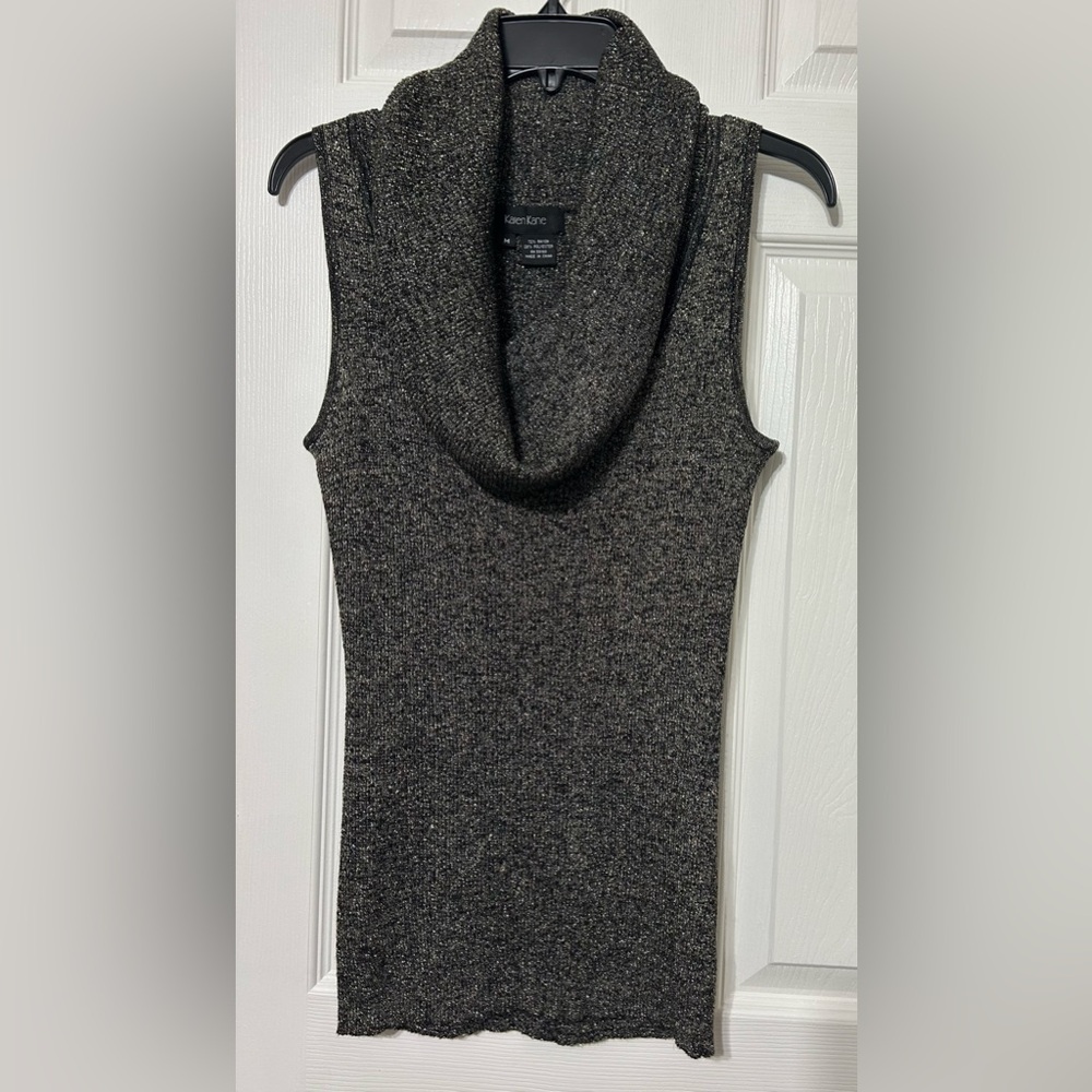 Karen Kane Women’s Sleeveless Sweater Cowl Neck Black Gold Metallic Stretch M